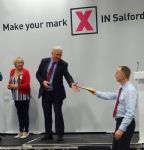 Salford Councillor Derek Antrobus receives his brown envelope on being re-elected